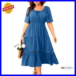 Plus Size Maxi Dress Short Sleeve Square Neck Flowy A-Line Lace Trim